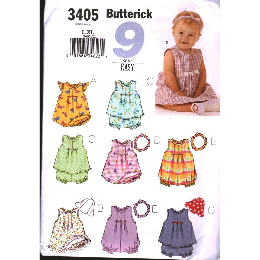 Butterick 3405 Infants Dress Top Romper Panties Hat Headband Sewing Pattern L XL